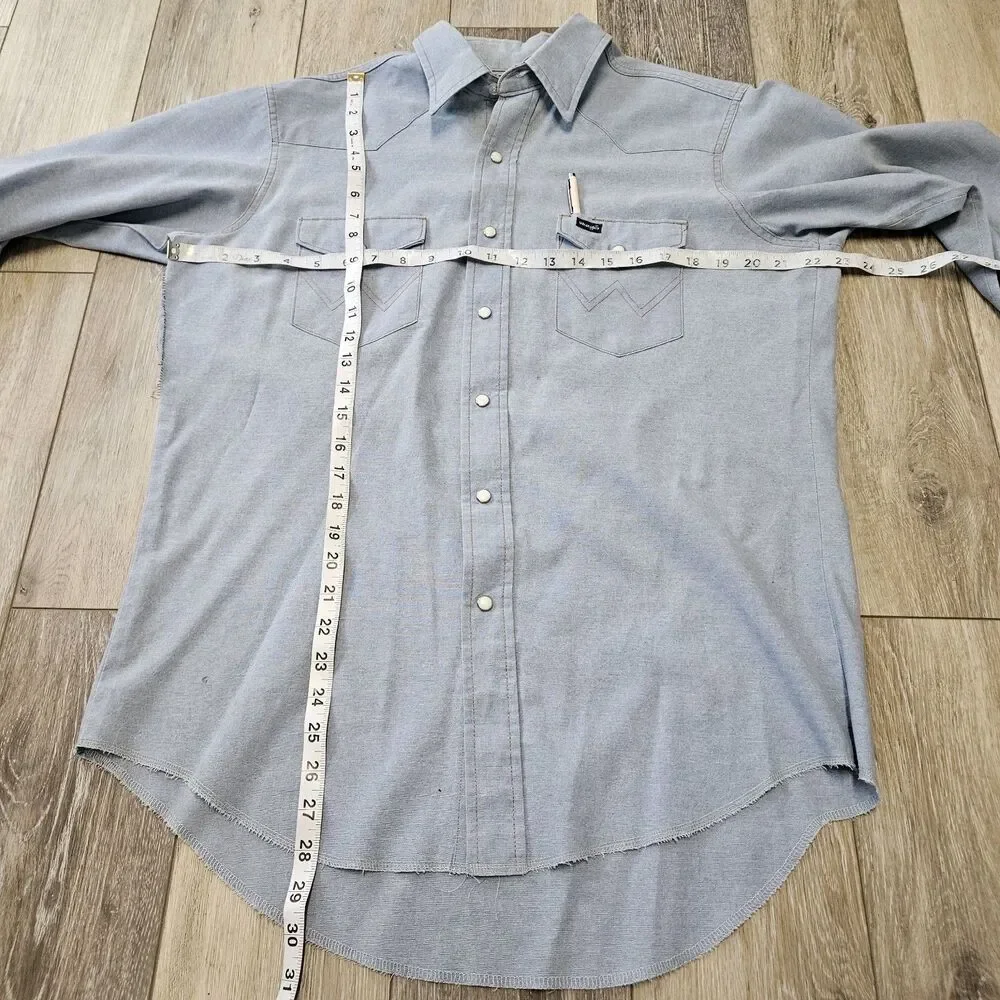 Wrangler Vintage Chambray Light Blue Denim Pearl Snap Western Shirt Men's Large
